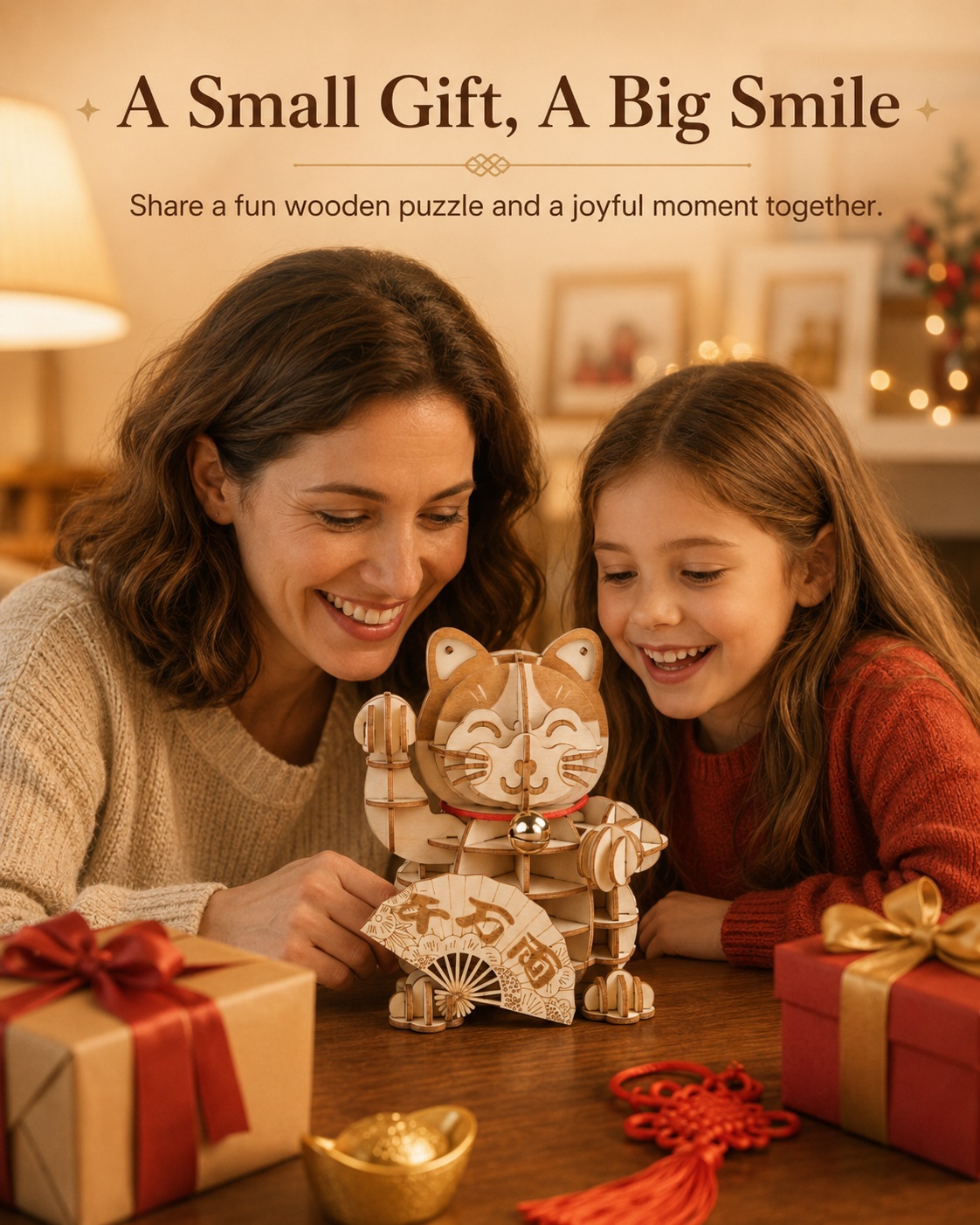 Rolife Plutus Cat gifting scene with a woman and child enjoying the finished model
