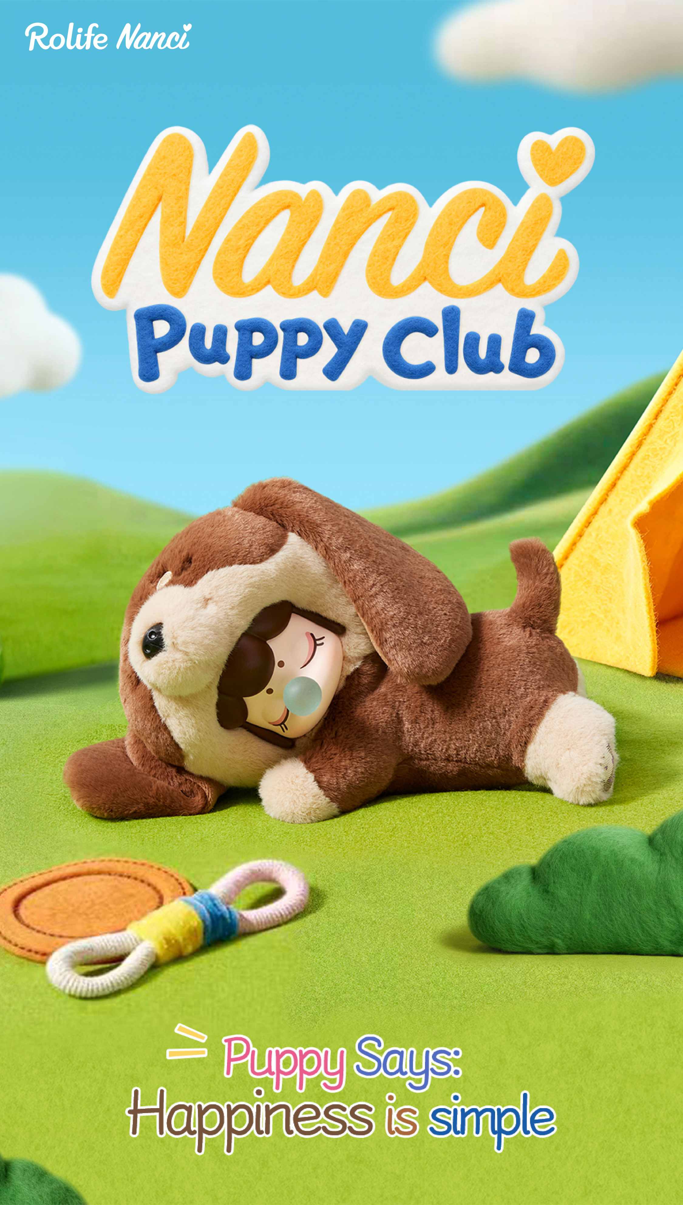 Rolife Nanci Puppy Club promotional graphic showing a brown-and-cream Dachshund plush doll with floppy ears and a sleeping Nanci face beside a yellow tent and rope toy; slogan: Happiness is simple.