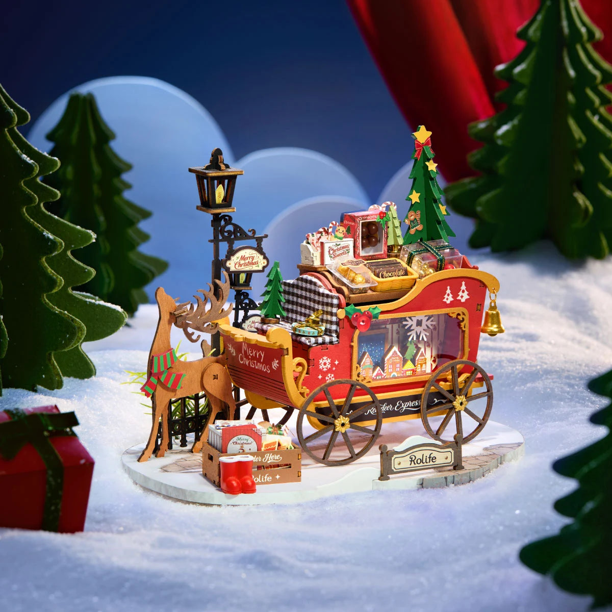 Rolife Reindeer Express DS059 red sleigh and wooden reindeer in a snowy Christmas scene