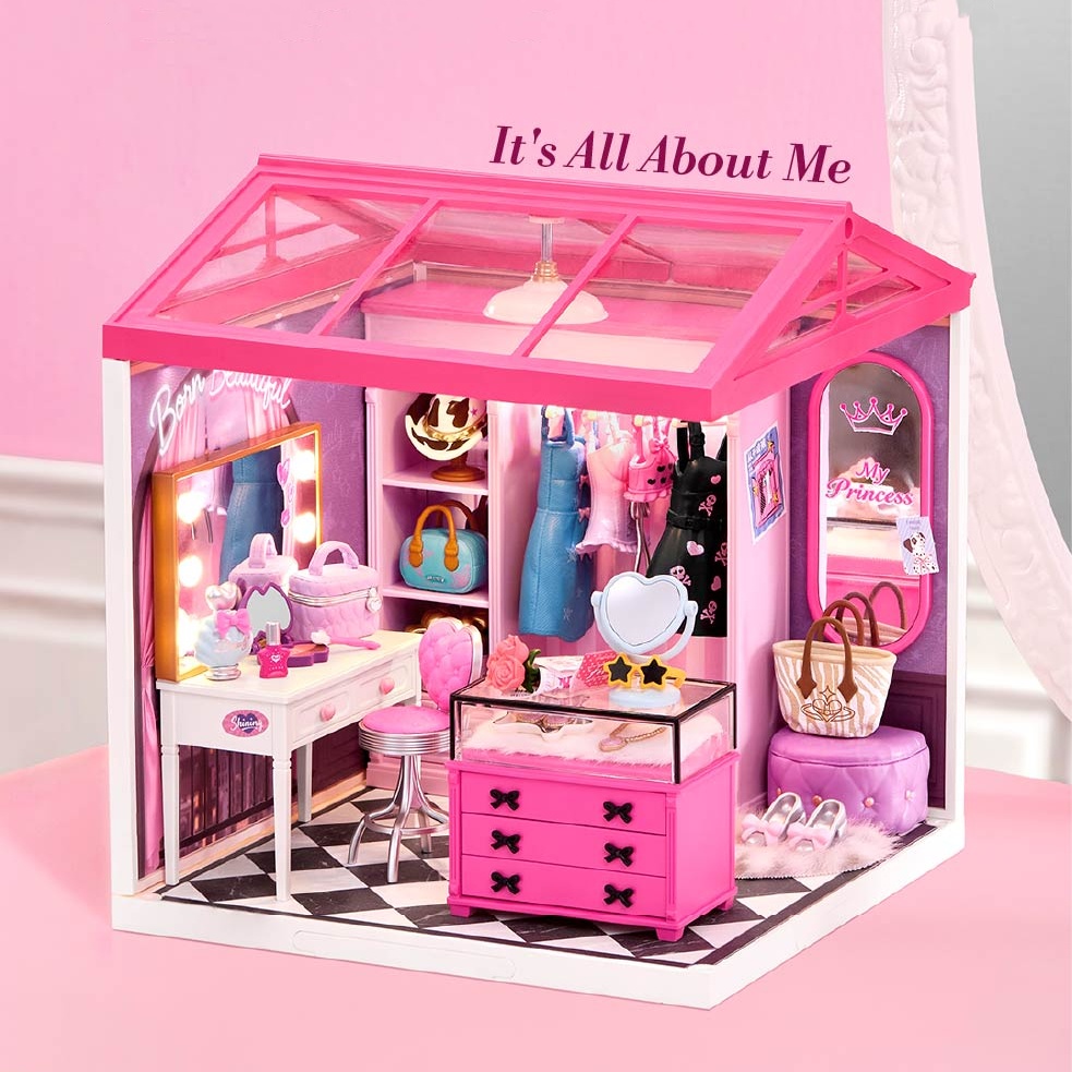 Das Miniatur-Ankleidezimmer Rolife Baddie Closet DW030 mit Schminktisch, Kleiderschrank und Modeaccessoires