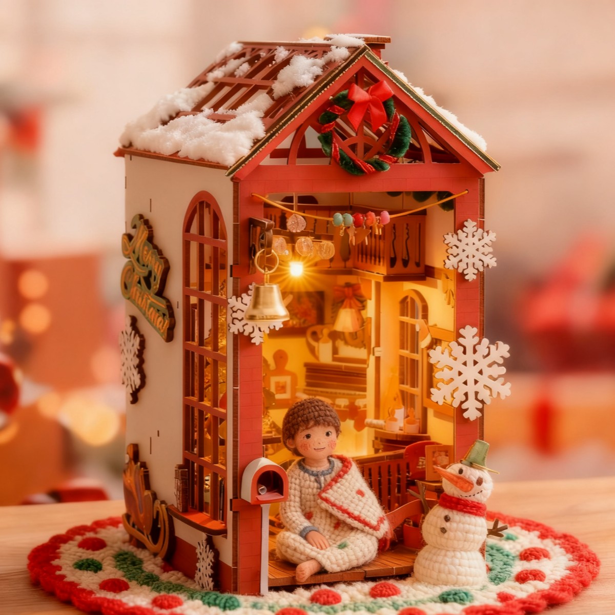 Rolife DIY Book Nook Insert - Christmas Indoor Scene TGC07 with crochet blankets, figures and snowman