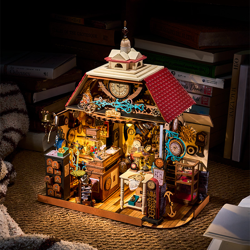 Clockwise Clocks DH104 illuminated in a cozy display with books, showing the roof and clock-filled interior