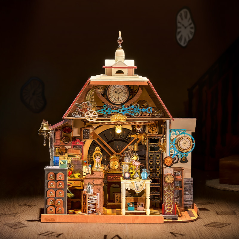 Rolife Clockwise Clocks DH104 miniature clock shop with warm lighting and antique-style clocks