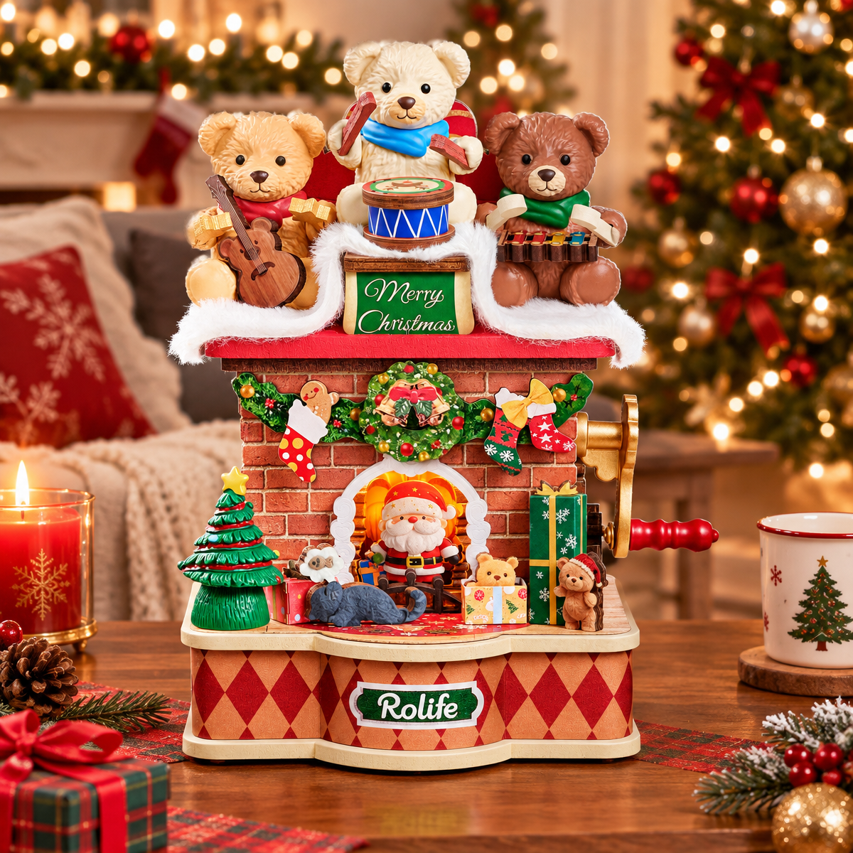 Rolife Fireside Music Night AMS03 hand-crank music box and festive miniature scene