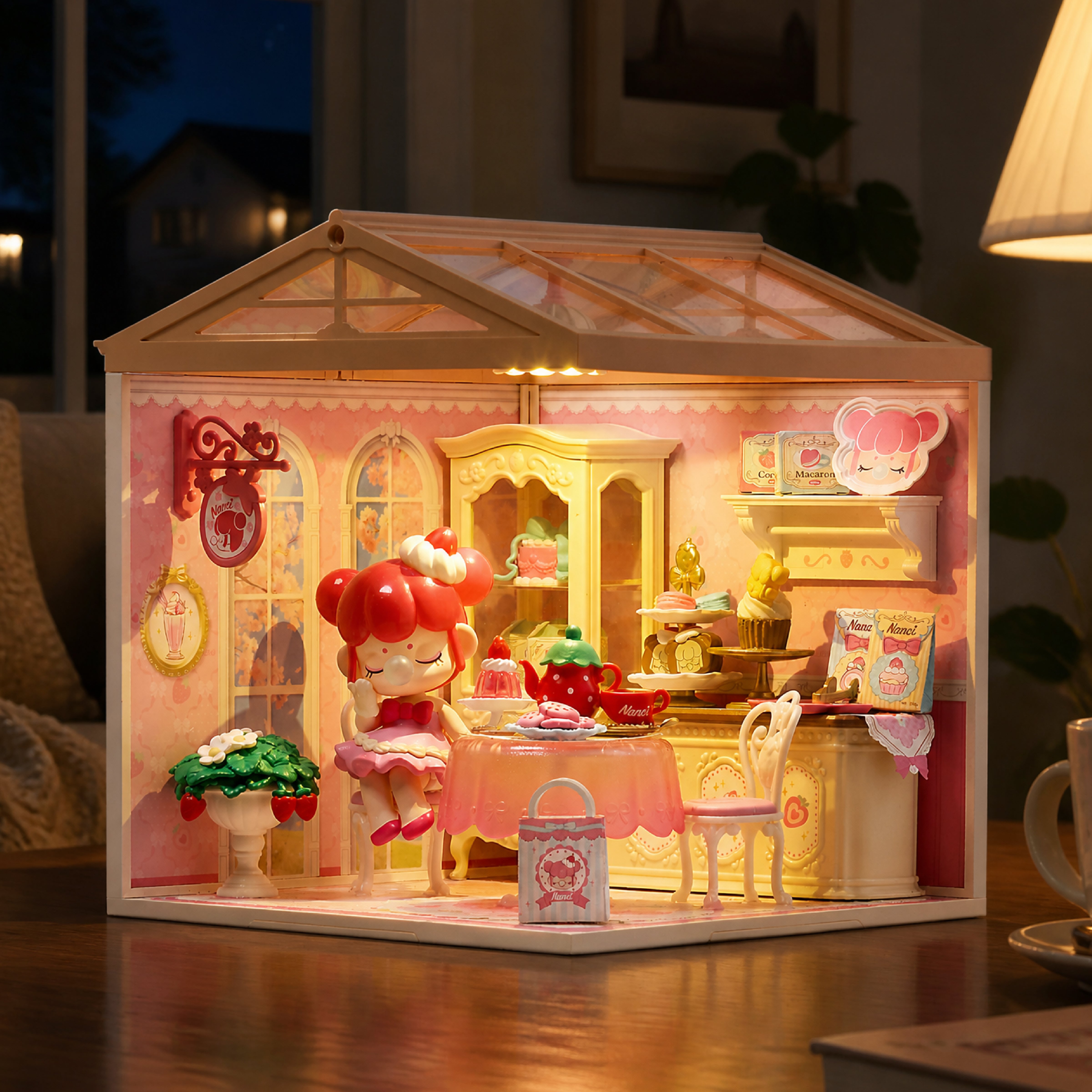 Rolife Nanci Strawberry Teatime Super Creator illuminated miniature dessert shop scene