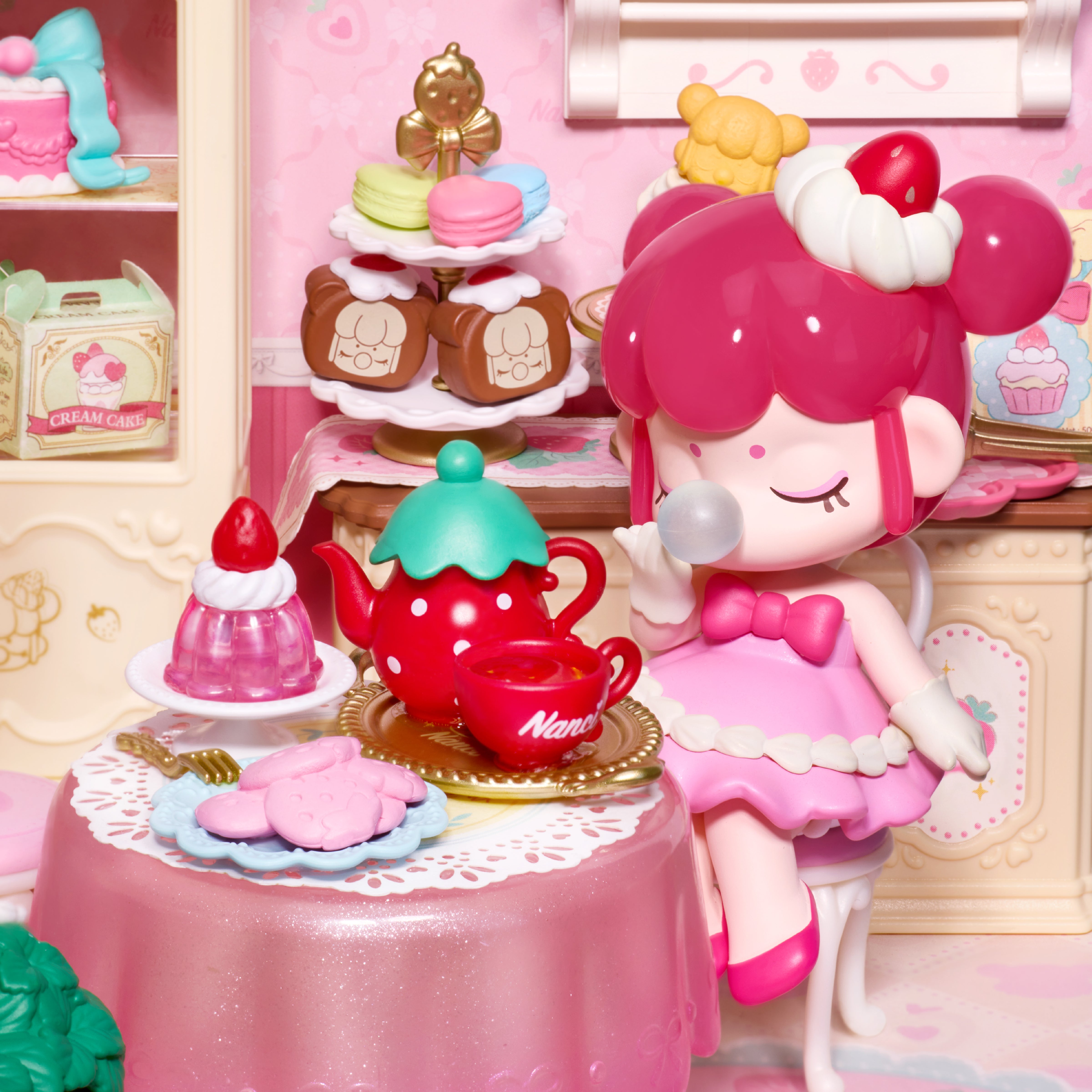 Close-up of the dessert cabinet, strawberry sweets, and Nanci figure in Strawberry Teatime DWL07