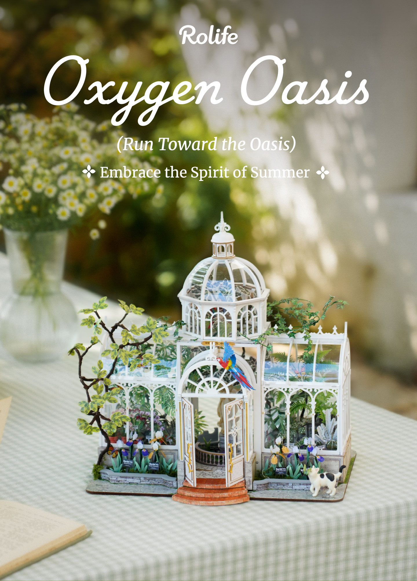 Rolife Oxygen Oasis DH102 overview graphic showing the completed botanical greenhouse miniature house