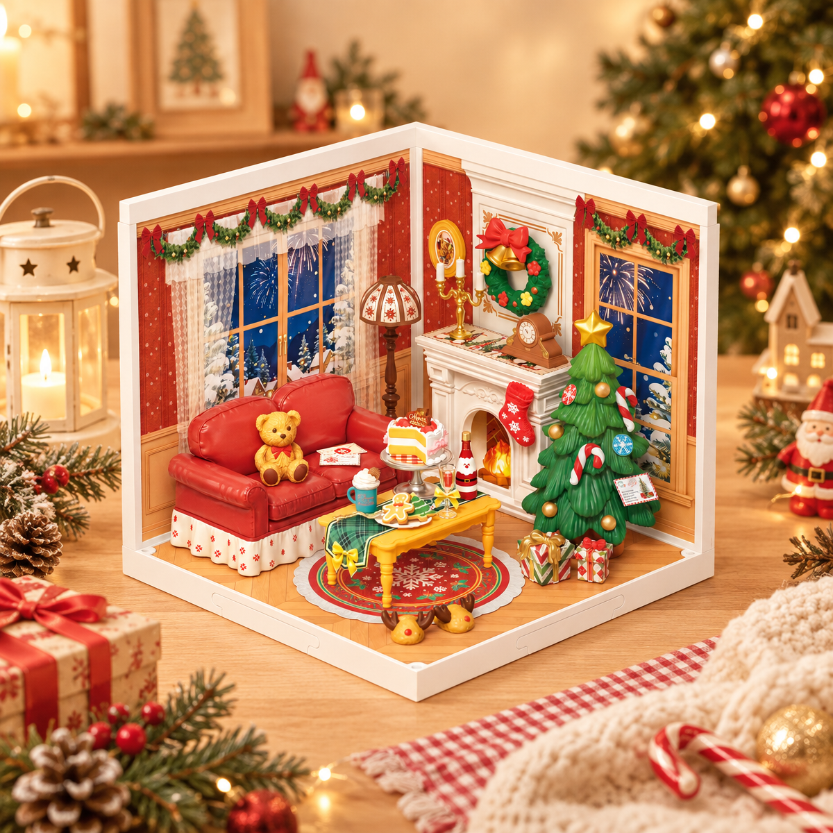 Rolife Funkelnde Weihnachtsabend DWZ03B Miniatur-Wohnzimmer mit Kamin und geschmücktem Weihnachtsbaum