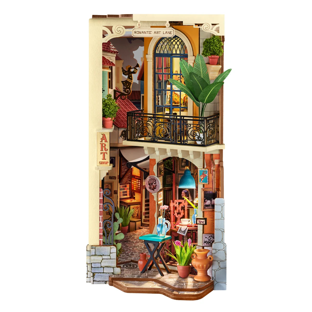 Rolife Romantic Art Lane TGB20 with its art caf&eacute;, gallery studio, plants, and layered Southern French street