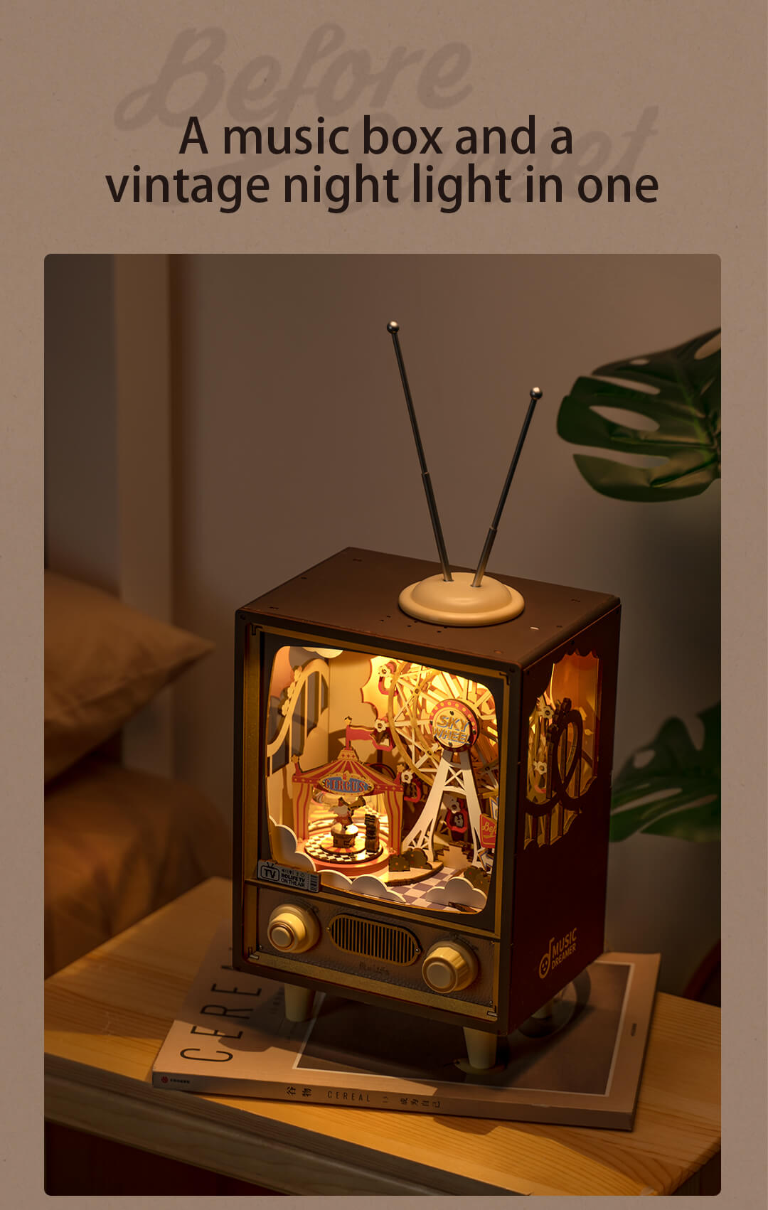Rolife Sunset Carnival AMT01 glowing music box and vintage night light display graphic