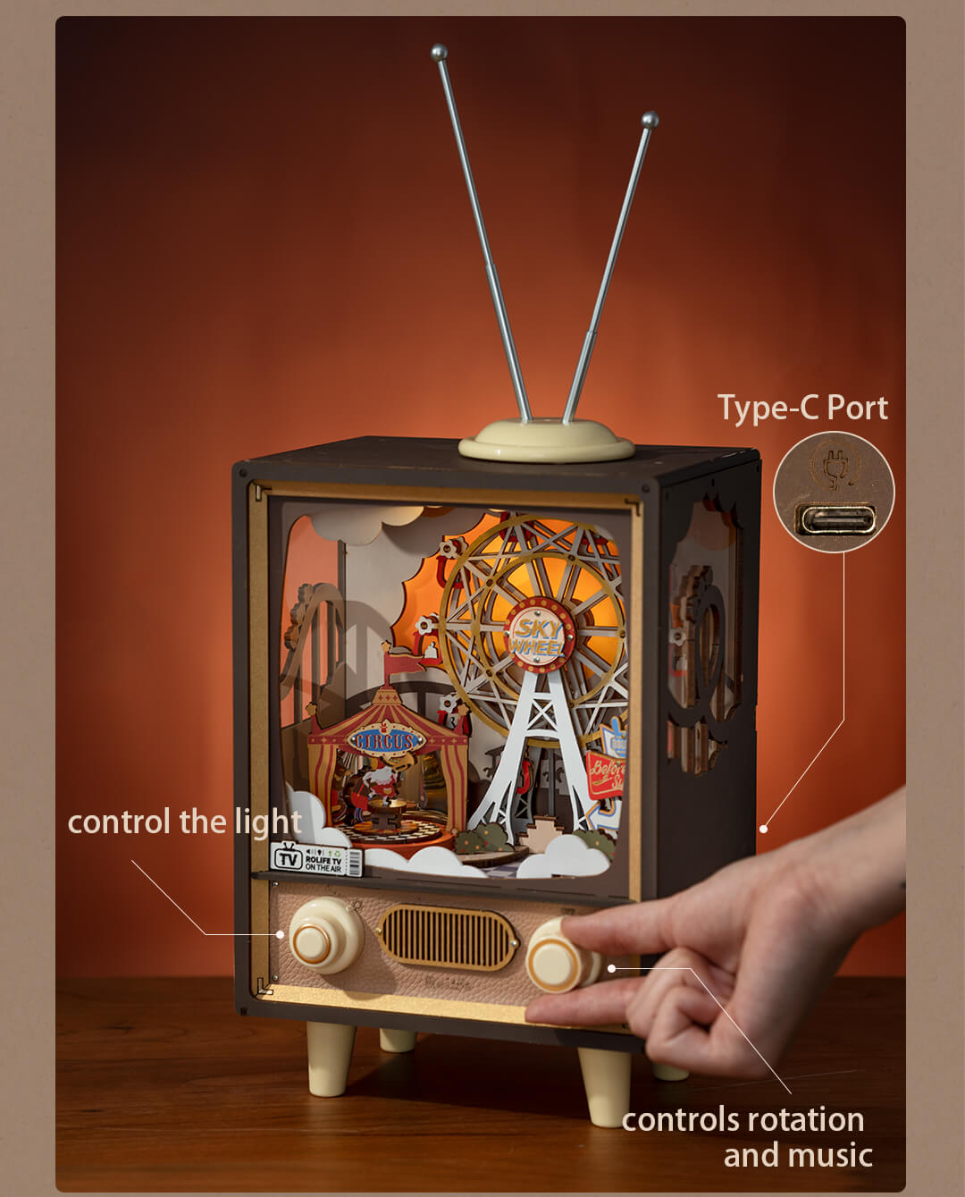 Rolife Sunset Carnival AMT01 control graphic with Type-C power port, light knob, and music rotation knob