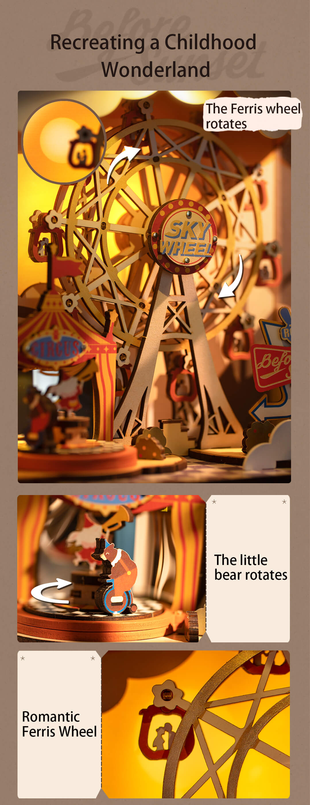 Rolife Sunset Carnival AMT01 moving feature graphic with rotating Ferris wheel and spinning bear