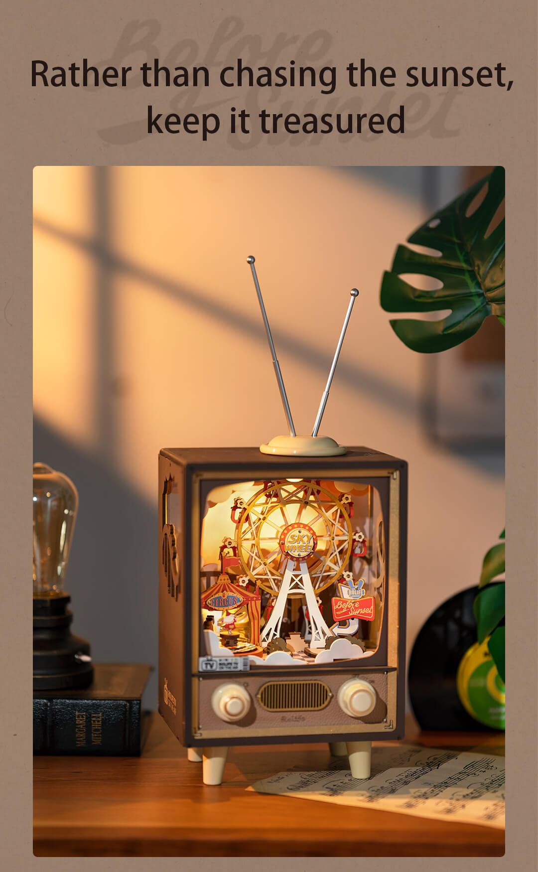 Rolife Sunset Carnival AMT01 lifestyle display scene graphic with warm glowing light