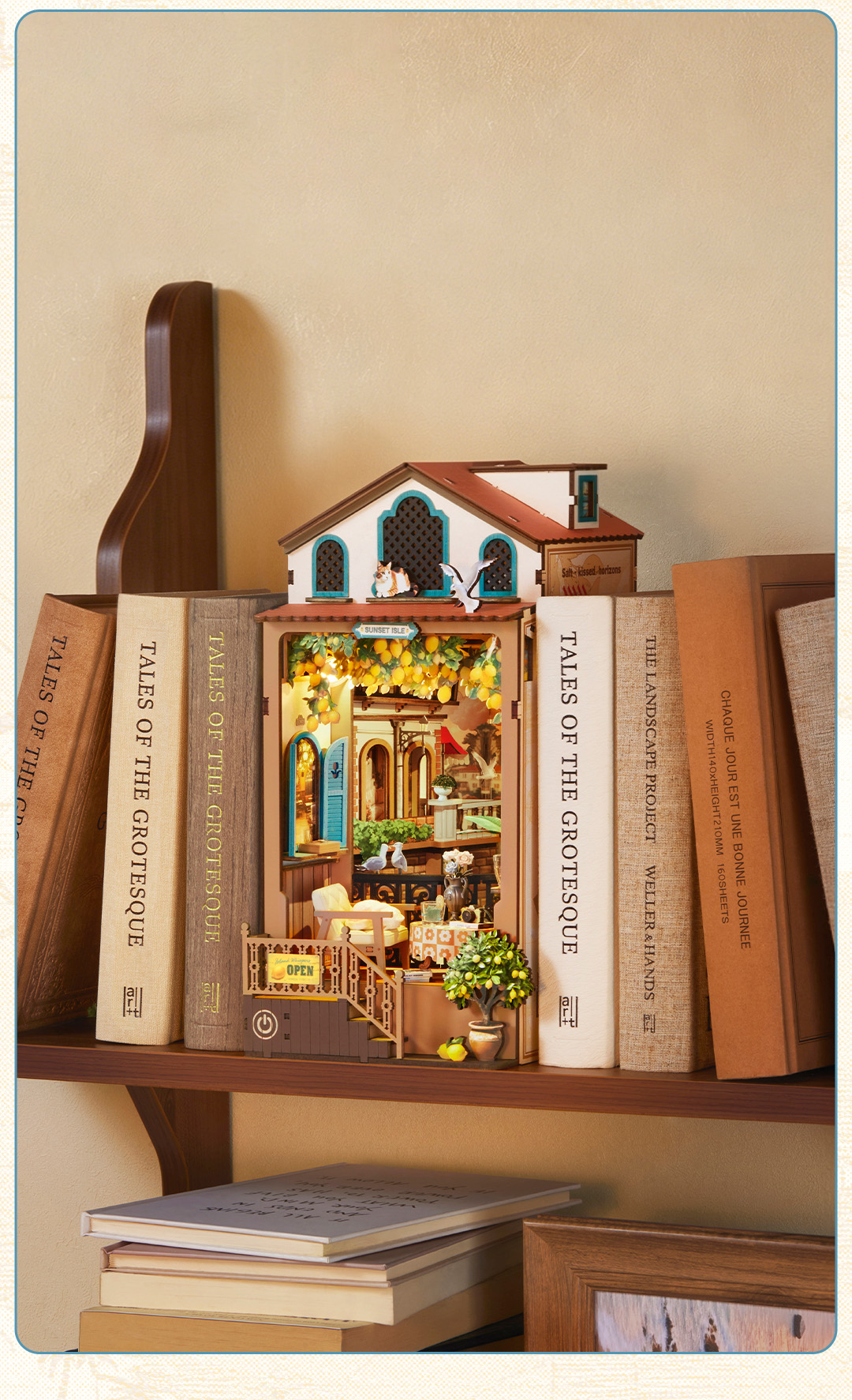 Rolife Sunset Isle TGB18 bookshelf display scene with the finished illuminated book nook