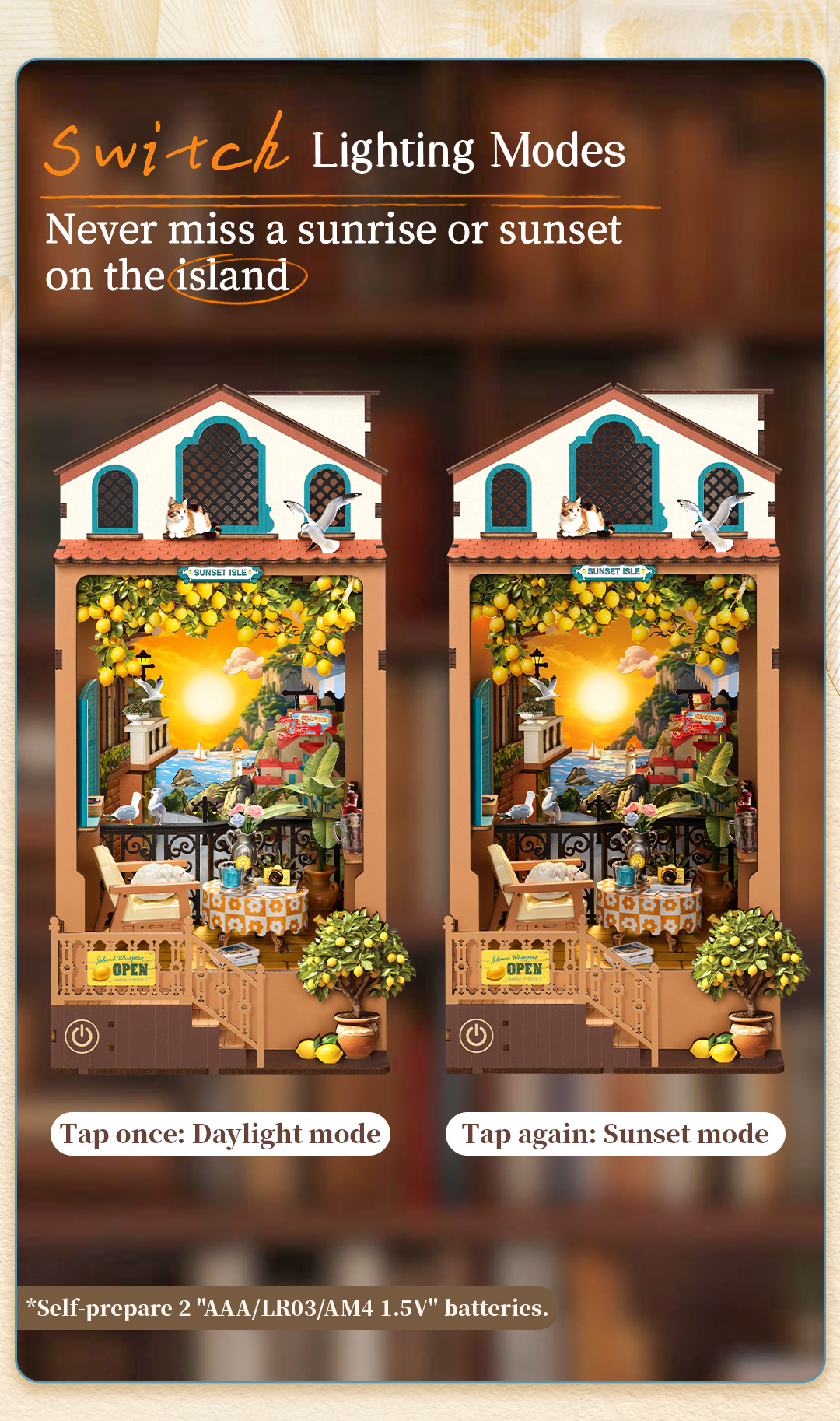 Rolife Sunset Isle TGB18 lighting modes graphic showing daylight mode, sunset mode, and 2 AAA battery requirement