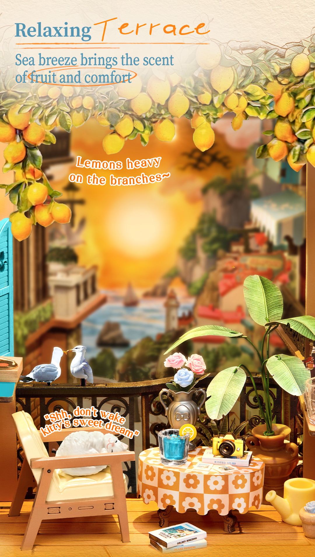 Rolife Sunset Isle TGB18 relaxing terrace detail graphic with lemon branches, lounge chair, and table setting