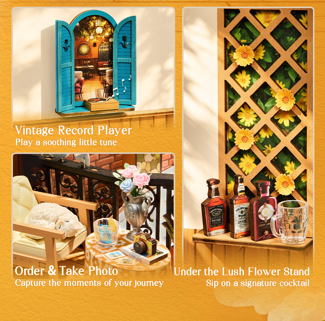 Rolife Sunset Isle TGB18 detail collage graphic with vintage record player, terrace table, and flower stand drinks