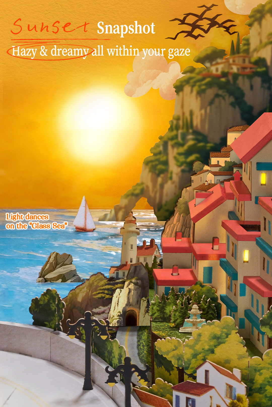 Rolife Sunset Isle TGB18 sunset coastal backdrop detail graphic with lighthouse, sailboat, and cliffside houses