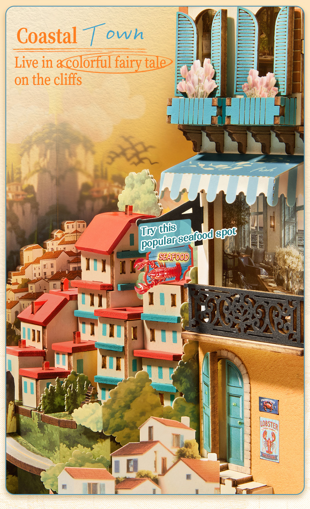 Rolife Sunset Isle TGB18 coastal town detail graphic with cliffside houses and seafood shop sign