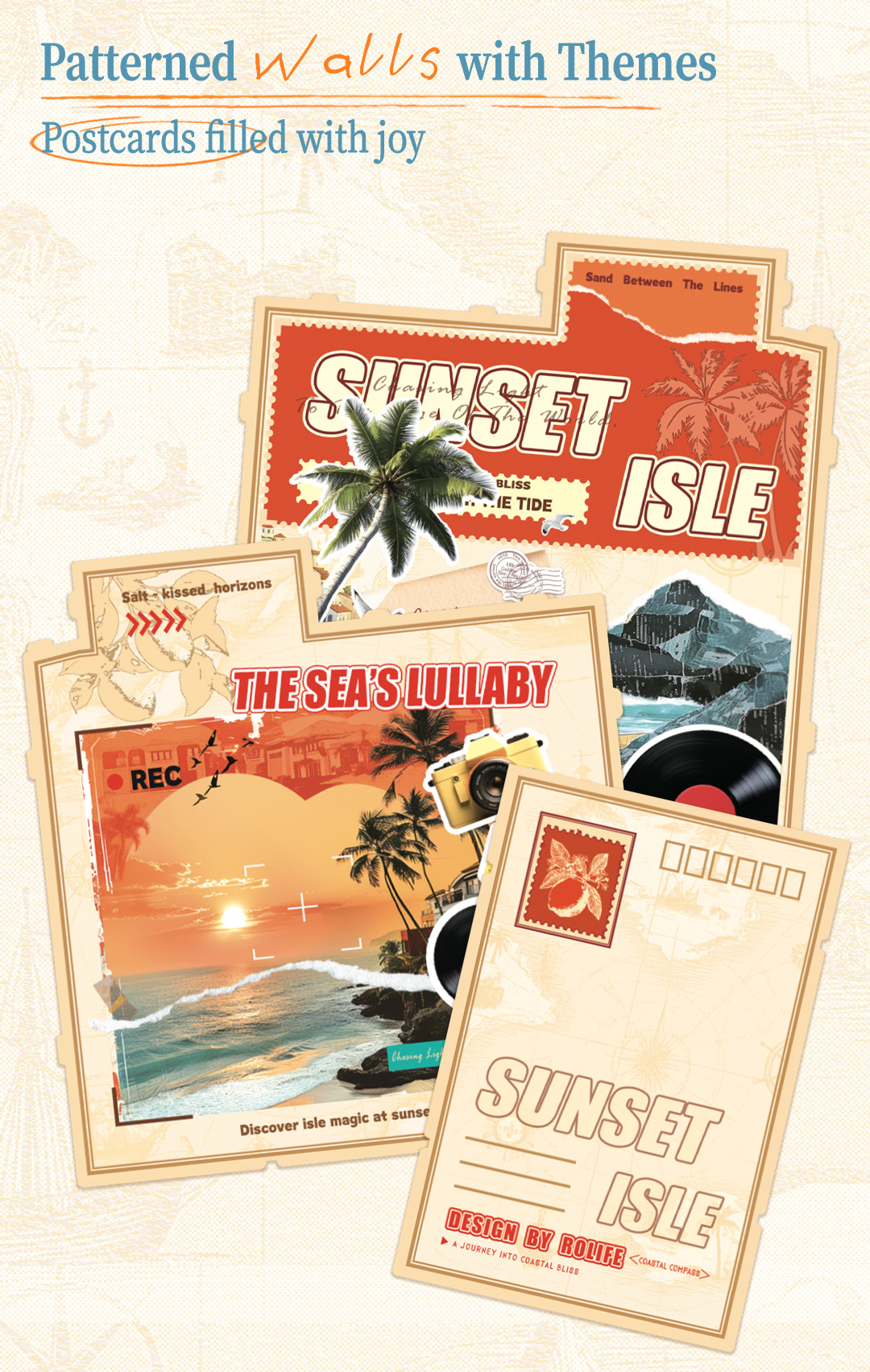 Rolife Sunset Isle TGB18 postcard wall graphic with themed Sunset Isle postcards and printed artwork