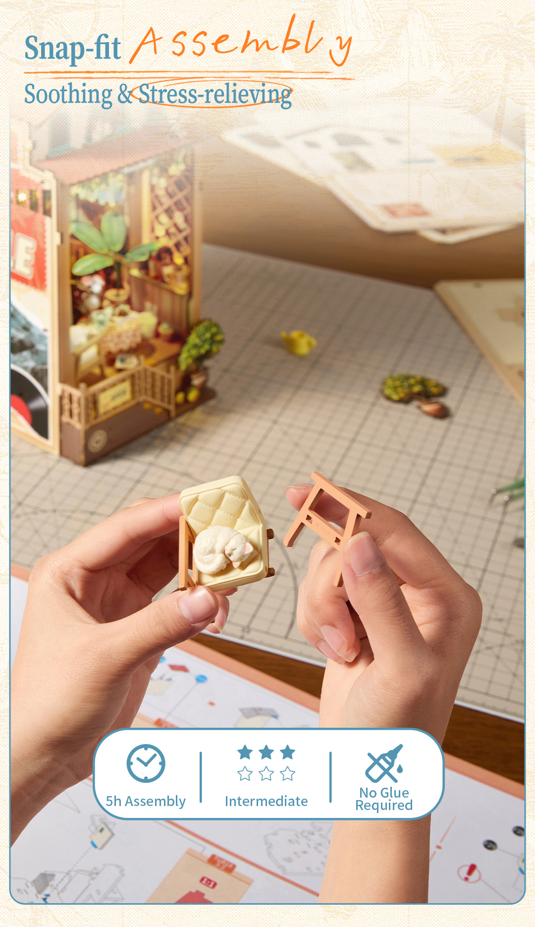 Rolife Sunset Isle TGB18 snap-fit assembly graphic with 5 hour assembly time, intermediate level, and no glue required