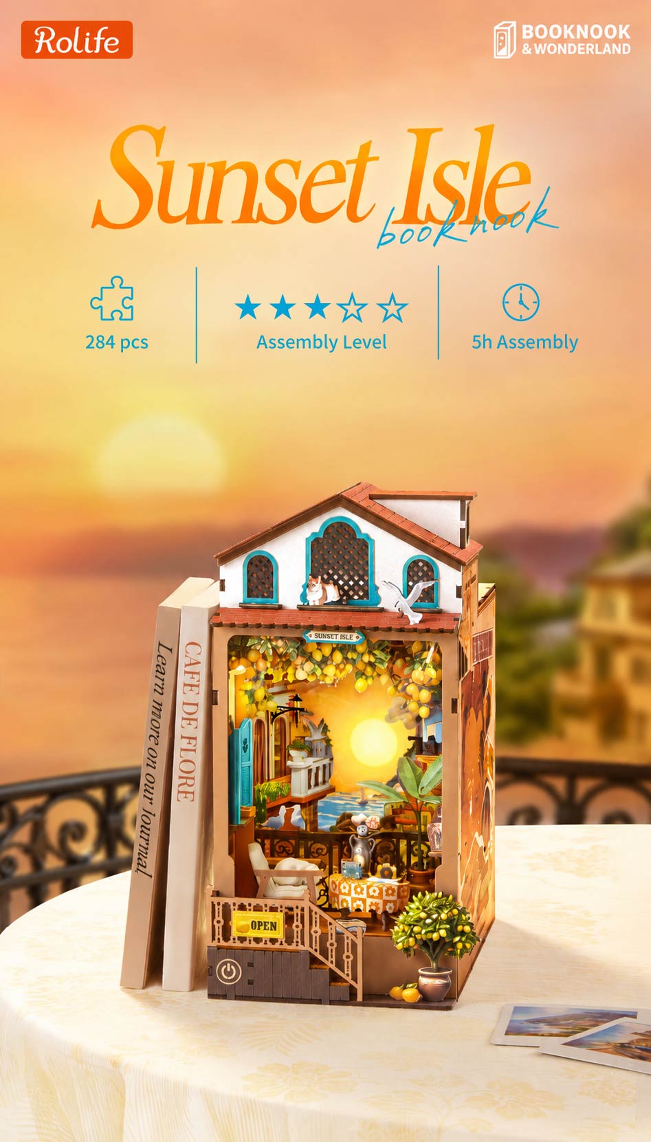 Rolife Sunset Isle TGB18 overview graphic with 284 pieces, 3 star assembly level, and 5 hour assembly time