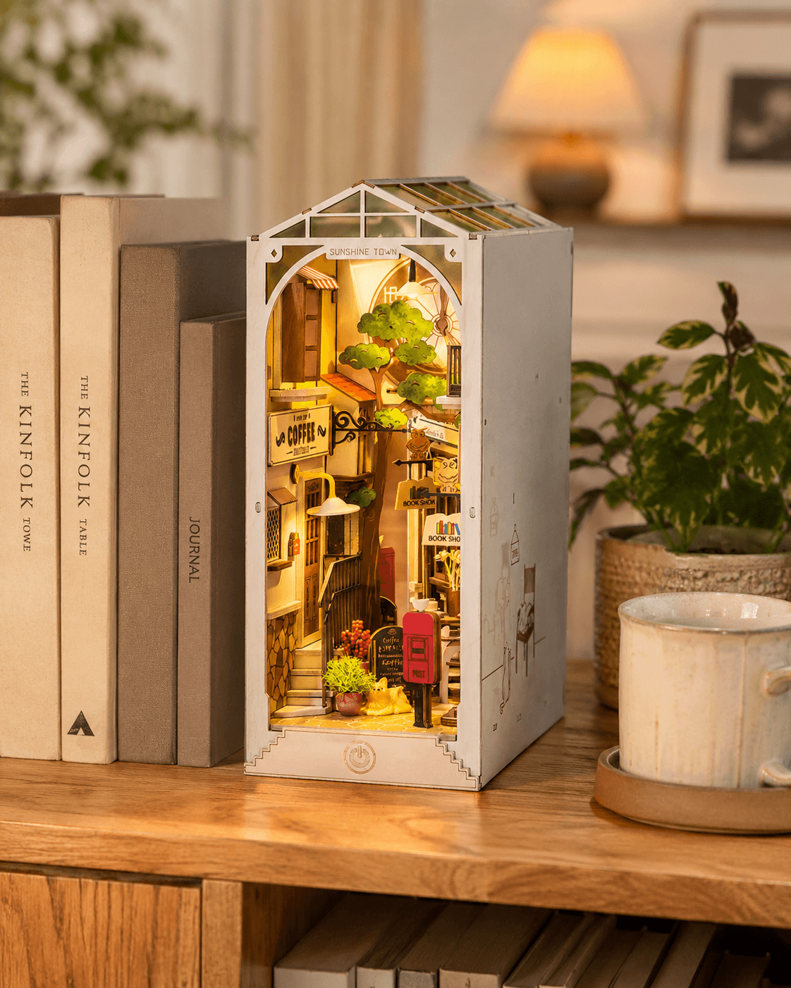 Rolife Sunshine Town TGB02 bookshelf display scene with the finished illuminated book nook