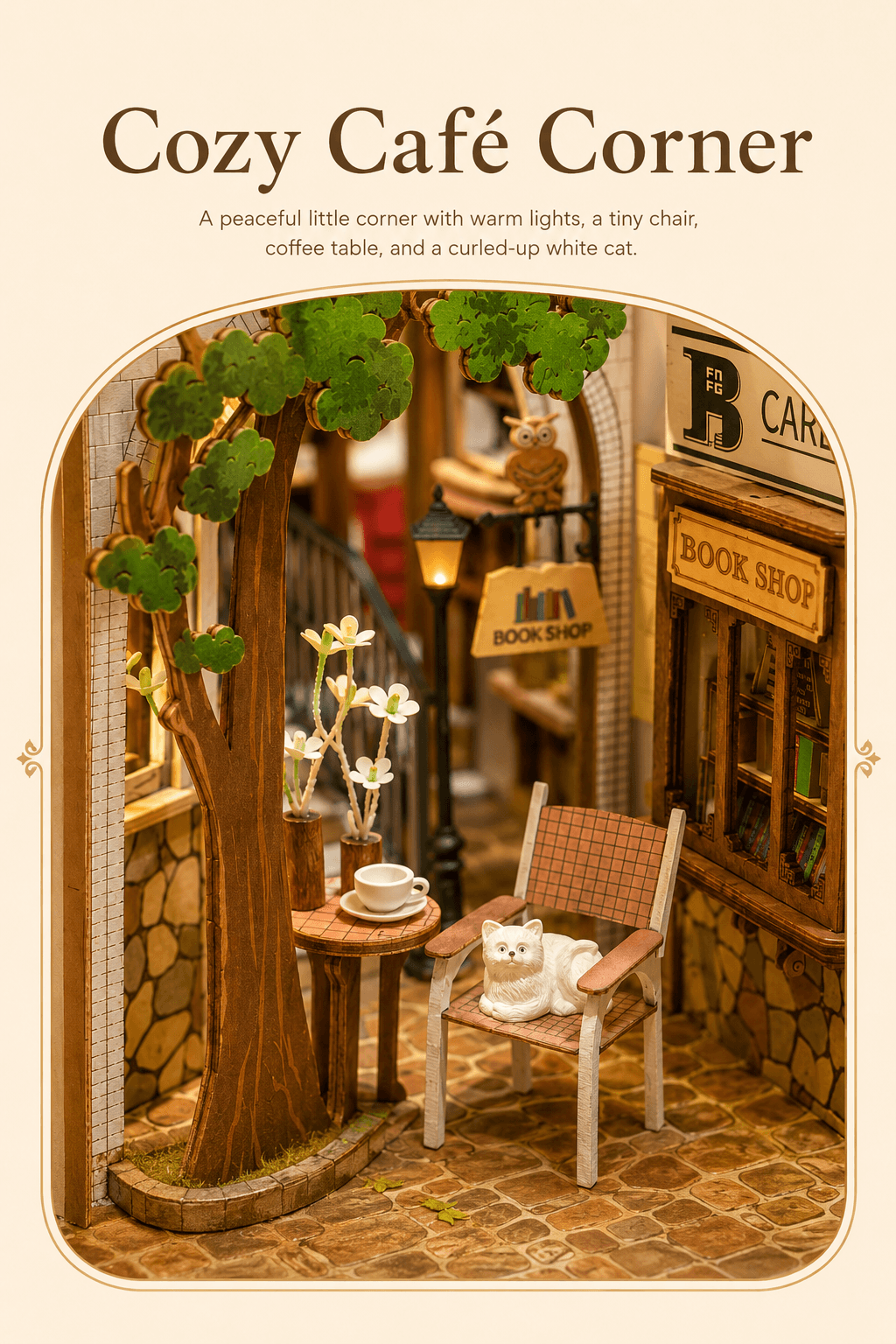 Rolife Sunshine Town TGB02 cozy cafe corner detail graphic with white cat, chair, and coffee table