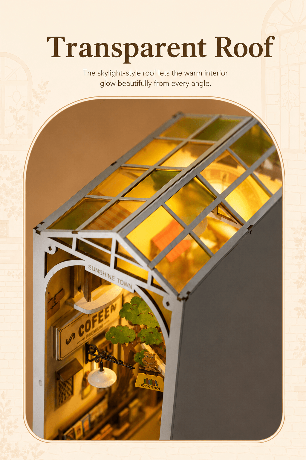 Rolife Sunshine Town TGB02 transparent roof detail graphic with skylight-style roof panels