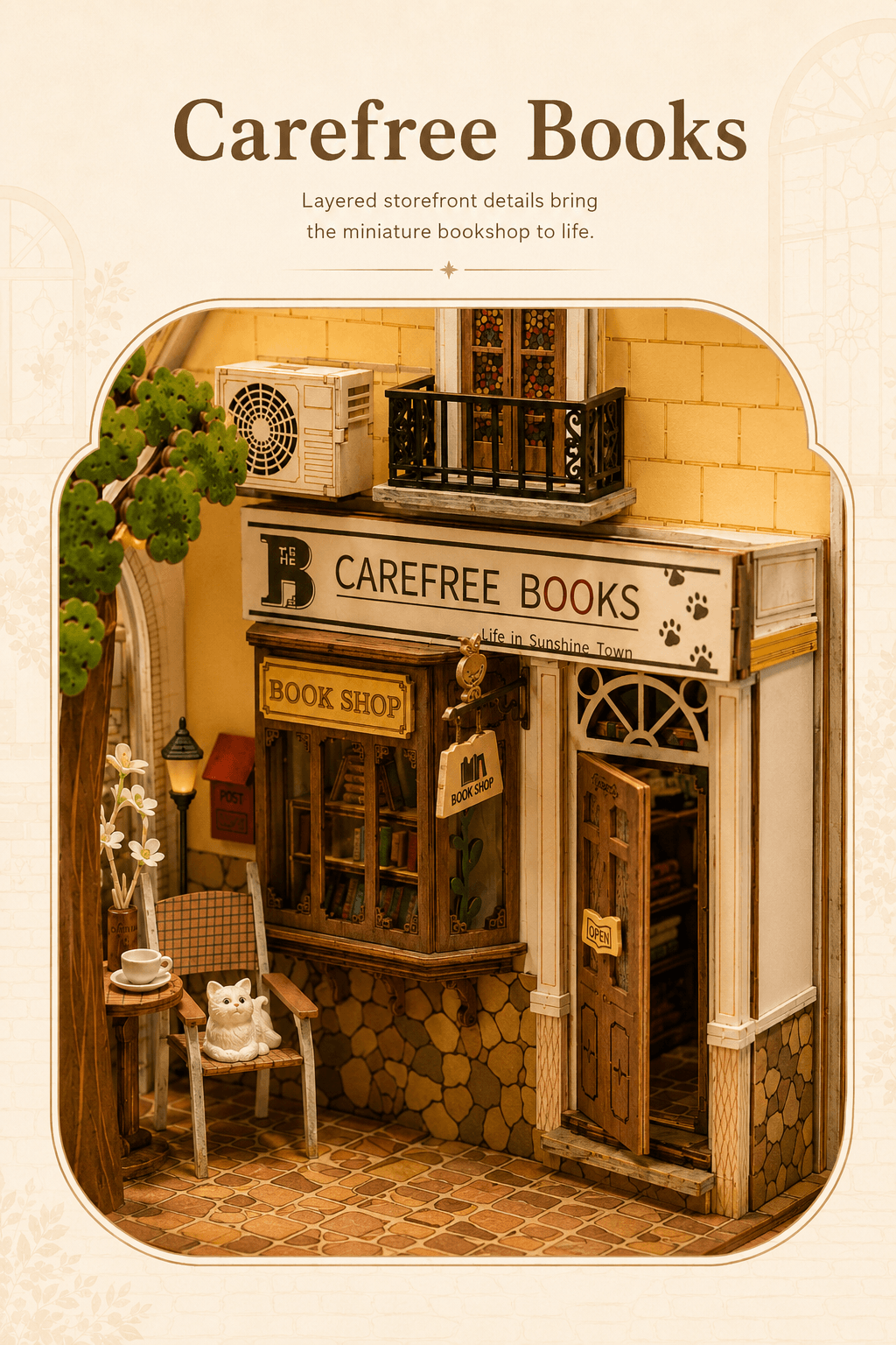 Rolife Sunshine Town TGB02 Carefree Books storefront detail graphic with layered bookstore facade