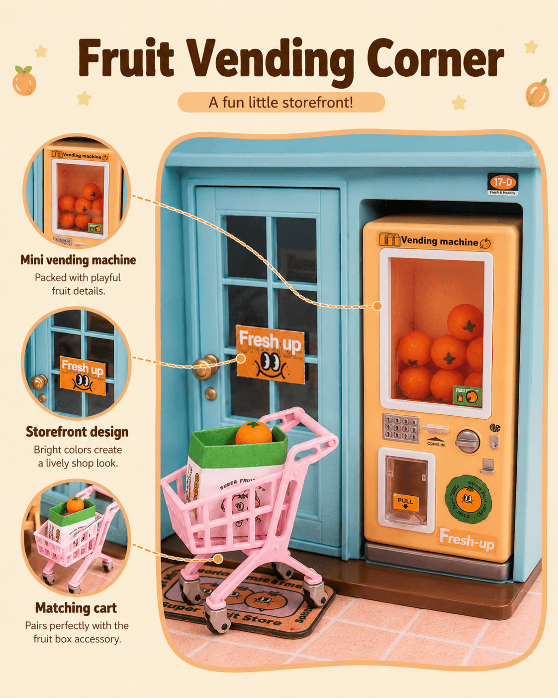 Rolife Super Fruit Store DW003 fruit vending corner detail graphic with vending machine and storefront door