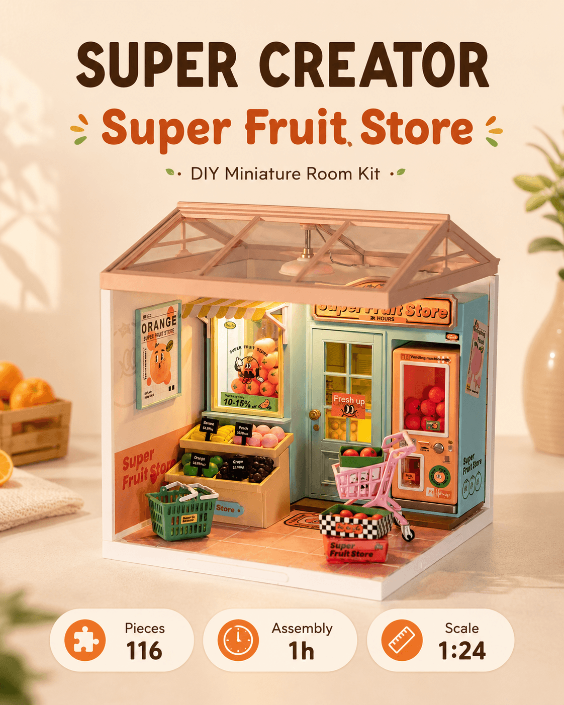 Rolife Super Fruit Store DW003 overview graphic with 116 pieces, 1 hour assembly time, and 1:24 scale