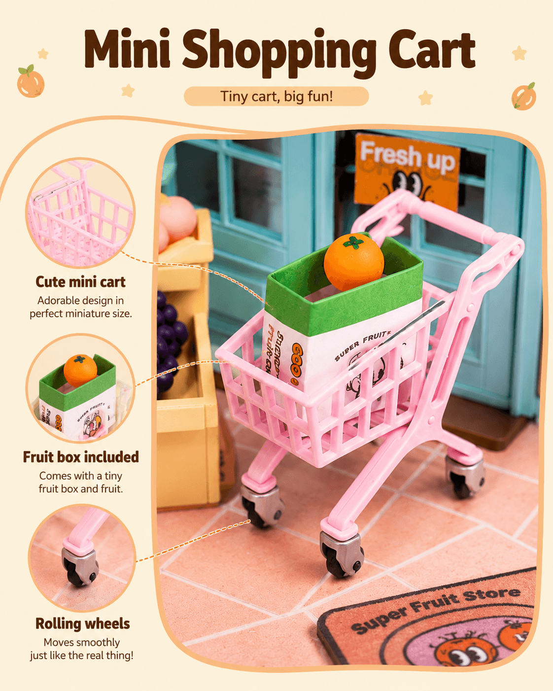 Rolife Super Fruit Store DW003 mini shopping cart detail graphic with fruit box and rolling wheels