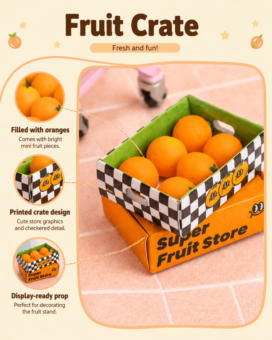 Rolife Super Fruit Store DW003 fruit crate detail graphic filled with oranges