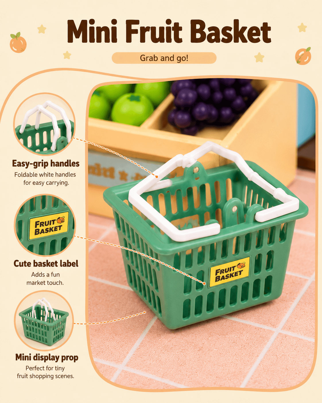 Rolife Super Fruit Store DW003 mini fruit basket detail graphic with foldable handles and display label