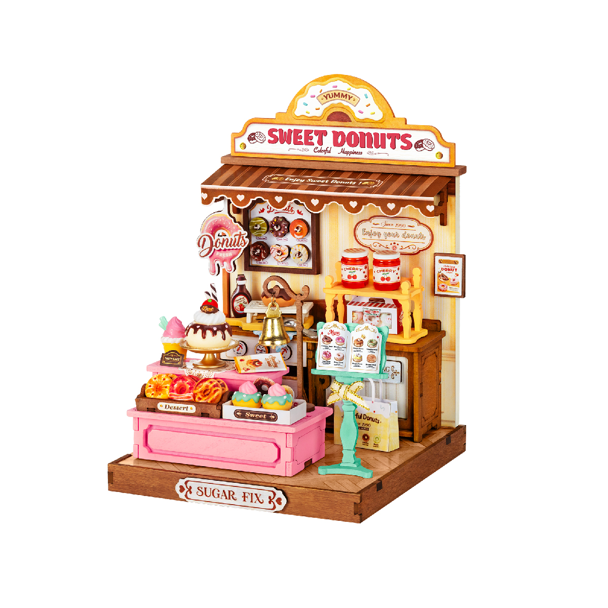 Rolife Sweetie's Donut Shop DS051 vue du produit sur fond blanc avec comptoir rose