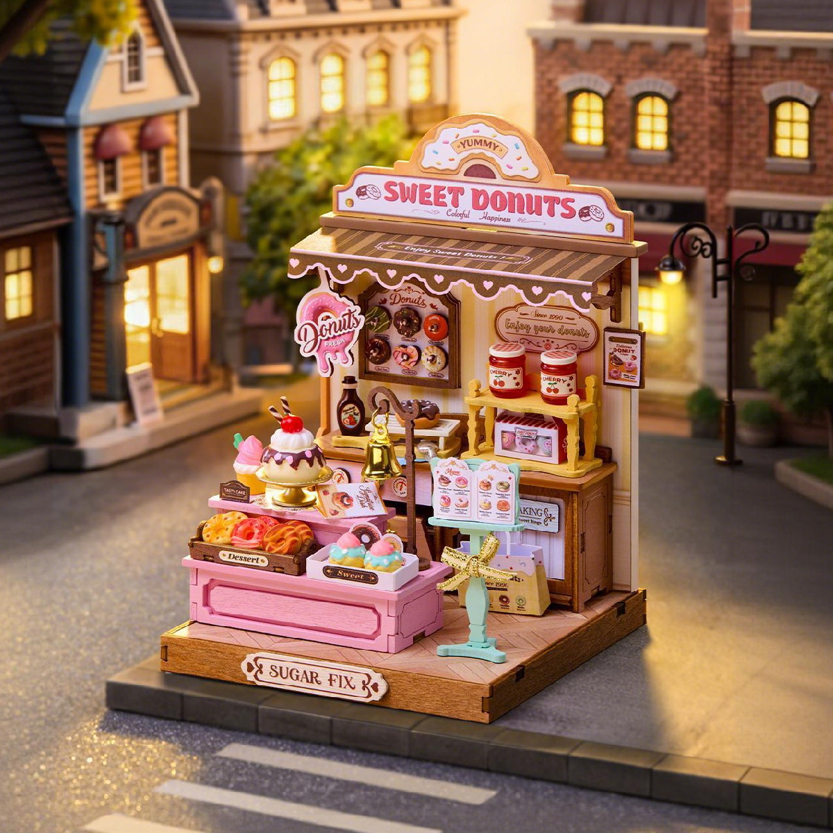 La boutique de donuts de Sweetie DS051, stand de boulangerie miniature dans une scène de rue confortable