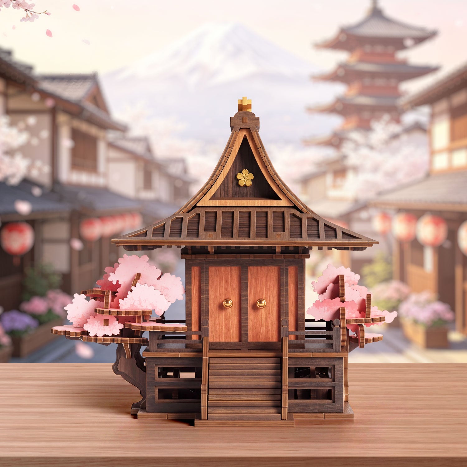 Sakura Retreat TGA09 wooden shrine with a tall sloping roof, front staircase, and cherry trees