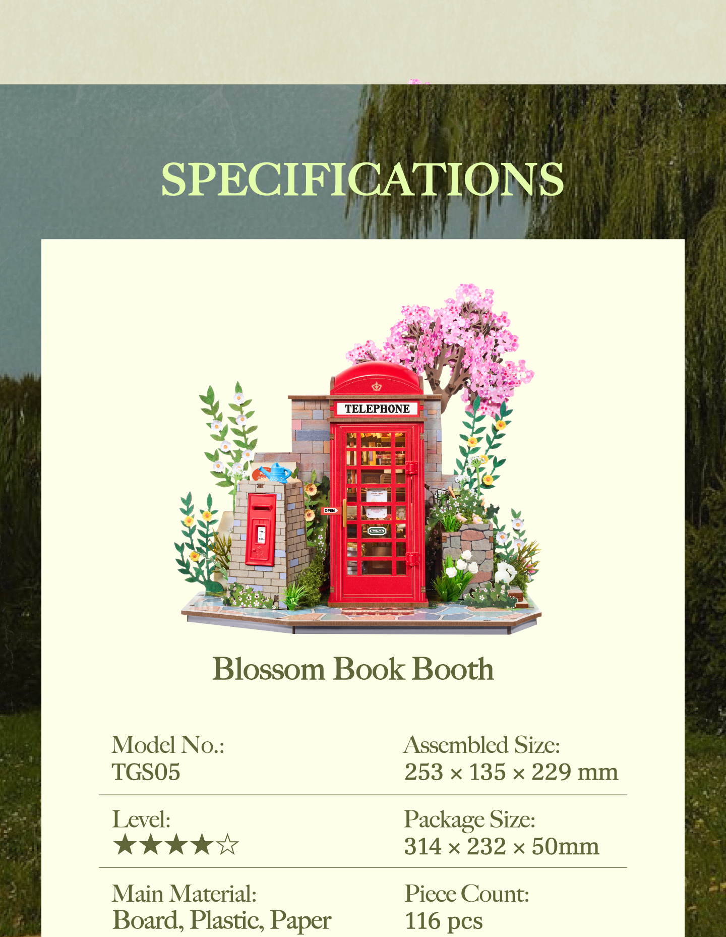 Blossom Book Booth specifications with TGS05 model, 116 pieces, and 253x135x229mm size