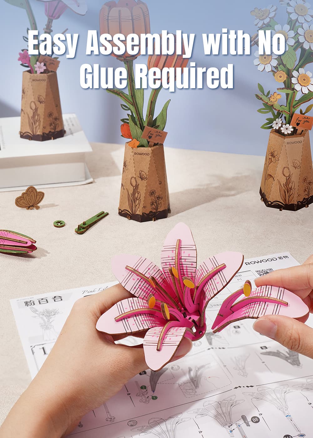 Rolife DIY Wooden Pink Lily Flower Kit TW071
