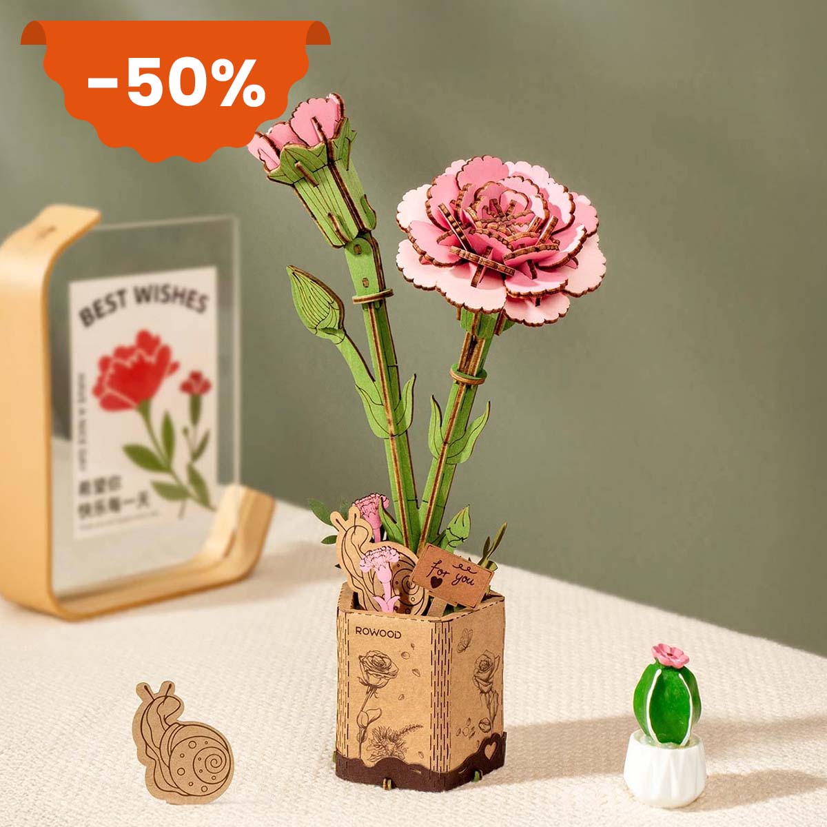 Rowood DIY Wooden Flower Pink Carnation TW051