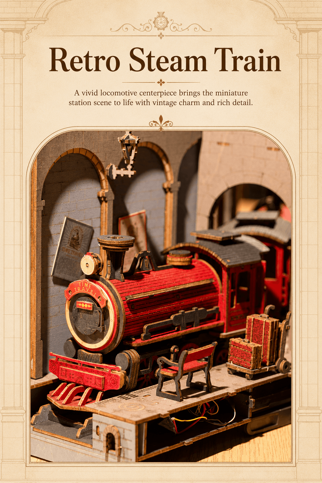 Rolife Time Travel TGB04 retro steam train detail graphic with locomotive centerpiece and station platform
