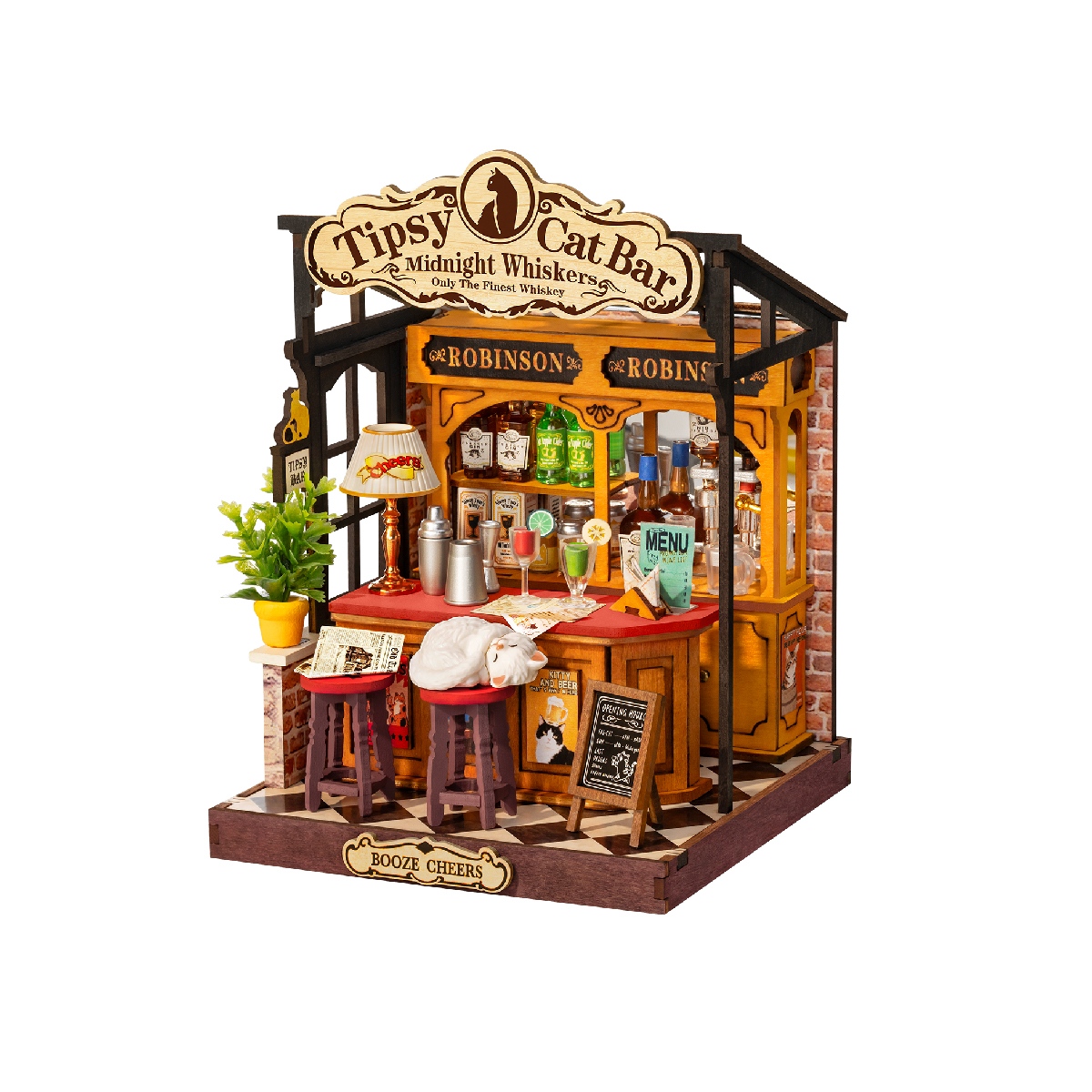 Rolife Tipsy Cat Bar DS054 weiße Hintergrund Produktansicht mit Holzbar Theke