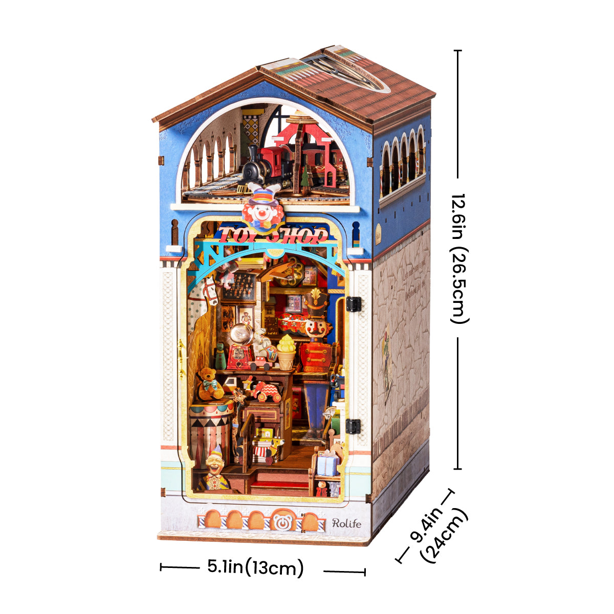 Treasure Toy Shop DIY Book Nook tableau des tailles montrant des dimensions de 13 x 24 x 26,5 cm / 5,1 x 9,4 x 12,6 in