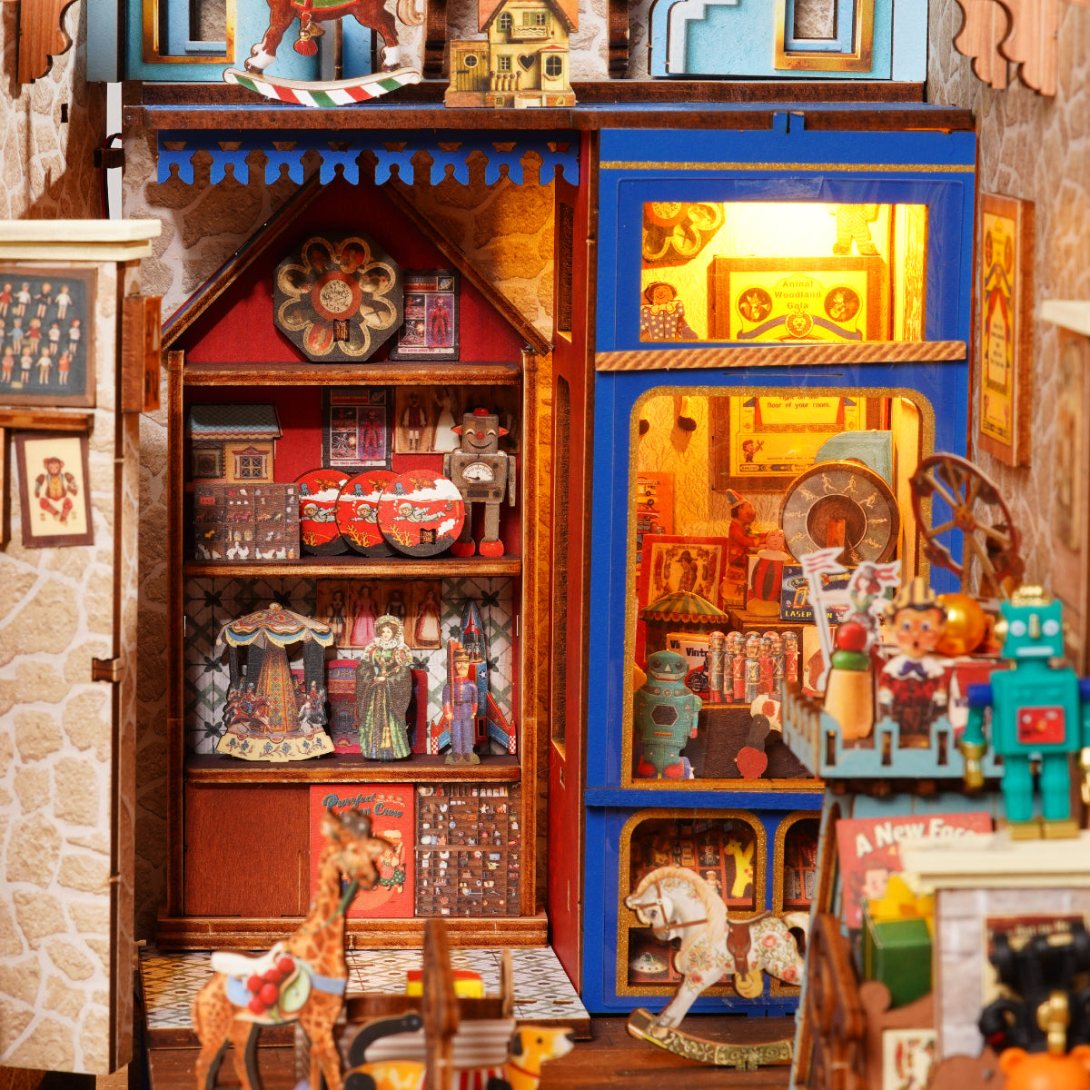 Treasure Toy Shop DIY Book Nook interior lighting detail with miniature toys and display shelves
