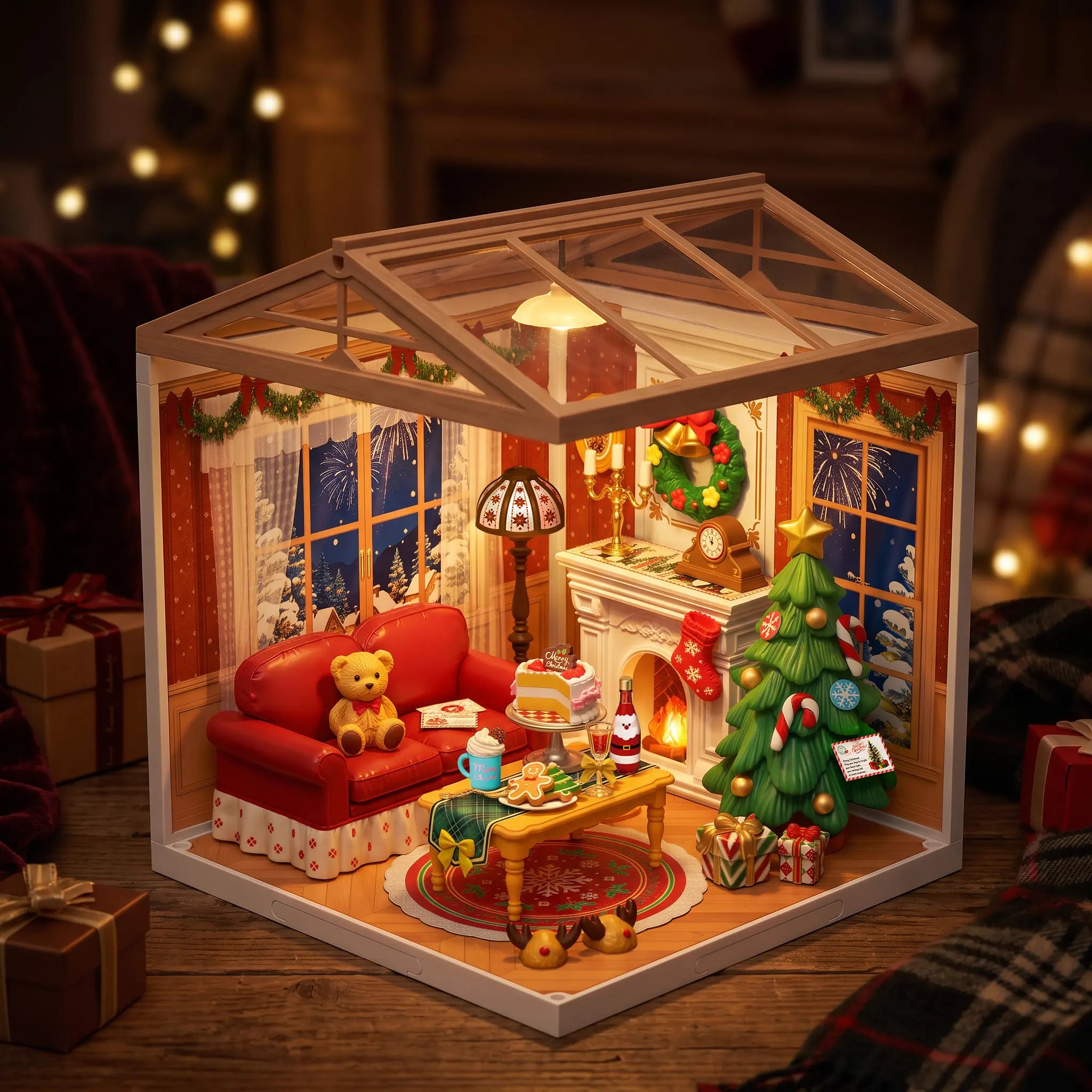 Rolife Twinkling Christmas Eve DWZ03 miniature living room with a red sofa, decorated tree, fireplace, teddy bear, and gifts