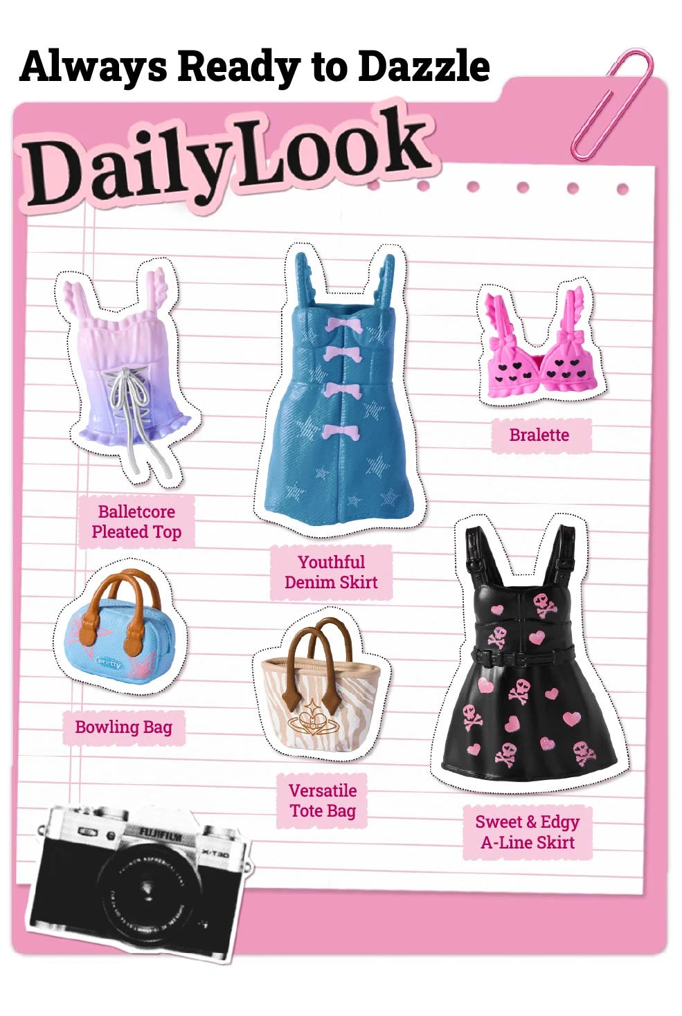 Illustrated DailyLook sheet showing miniature clothing and bags: a pleated top, denim skirt, bralette, bowling bag, tote bag and black A-line skirt.