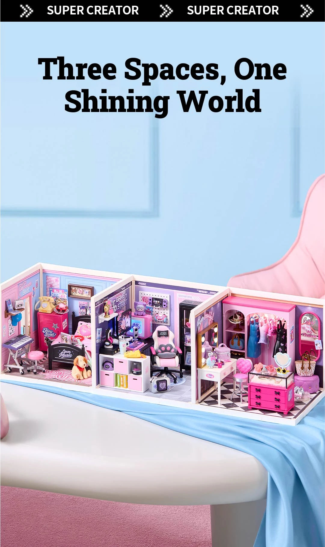 Bedroom Pop, Gamer Queen, and Baddie Closet connected side by side as a three-room miniature apartment