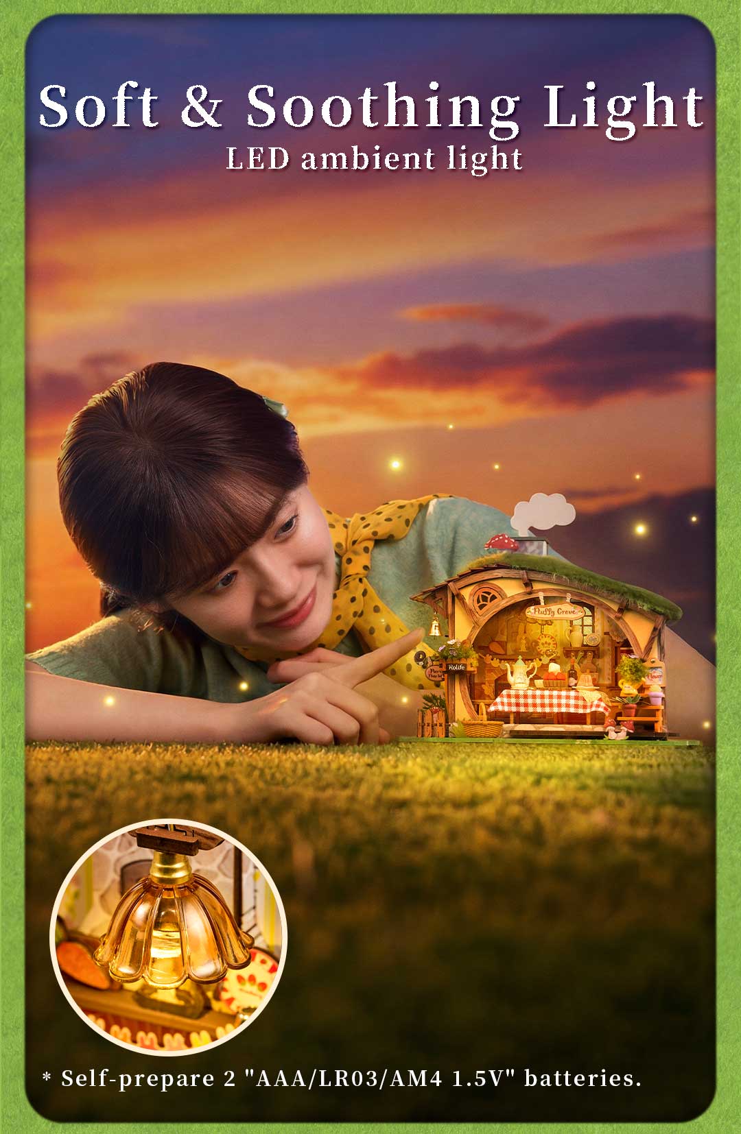 Fluffy Grove LED ambient light display with the illuminated cottage glowing at sunset
