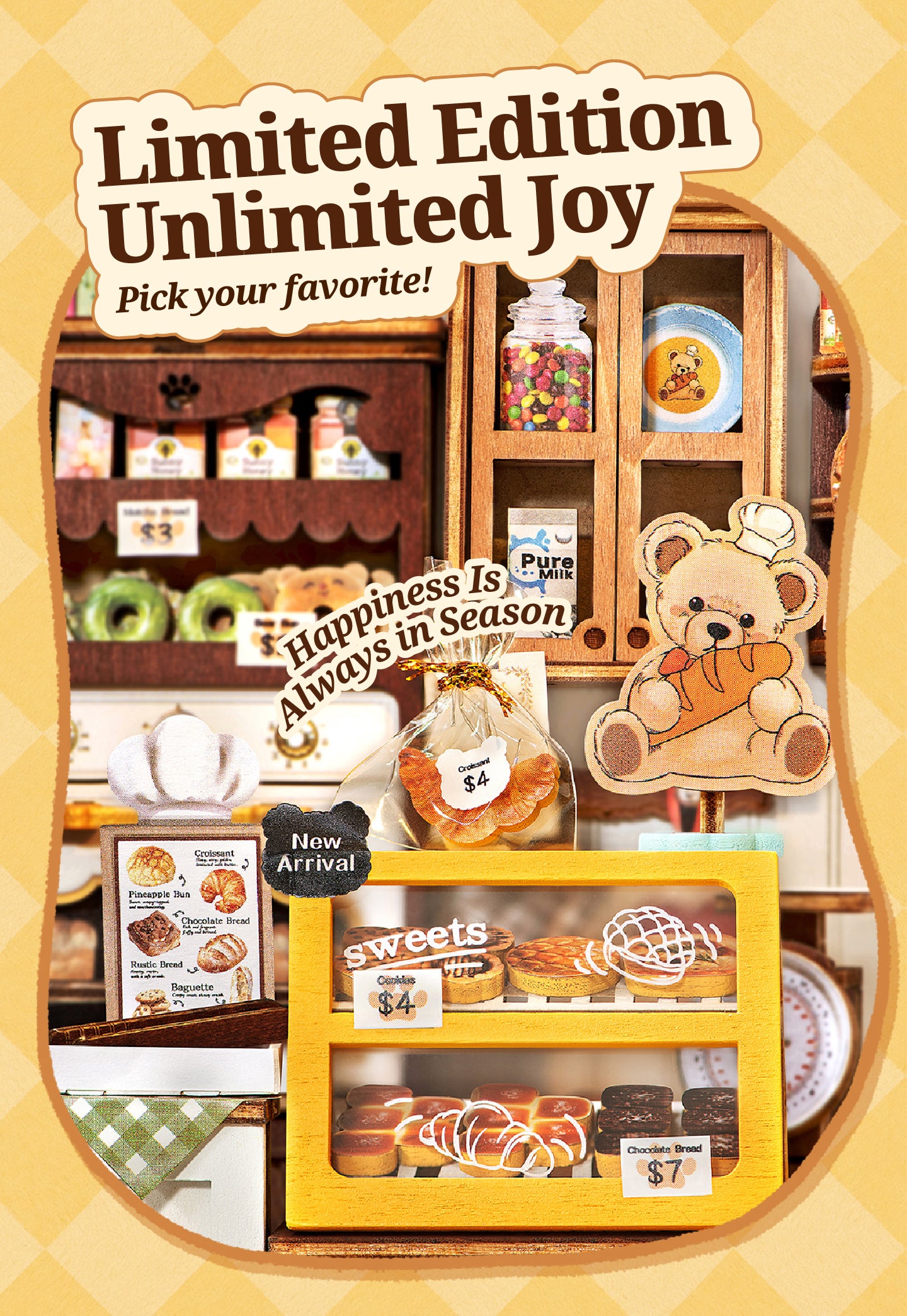 Fluffy Bakery detail image showing Detailed Storage Cabinet: Baking ingredients, tableware, and jars keep the cabinet neatly stocked.